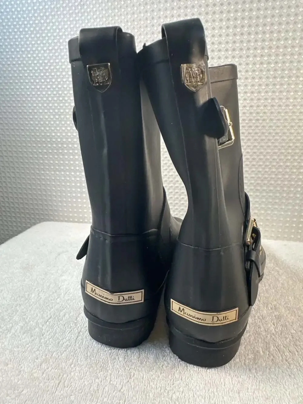 Massimo Dutti Black Matte Rubber Moto Rain Boots with Buckle Detail